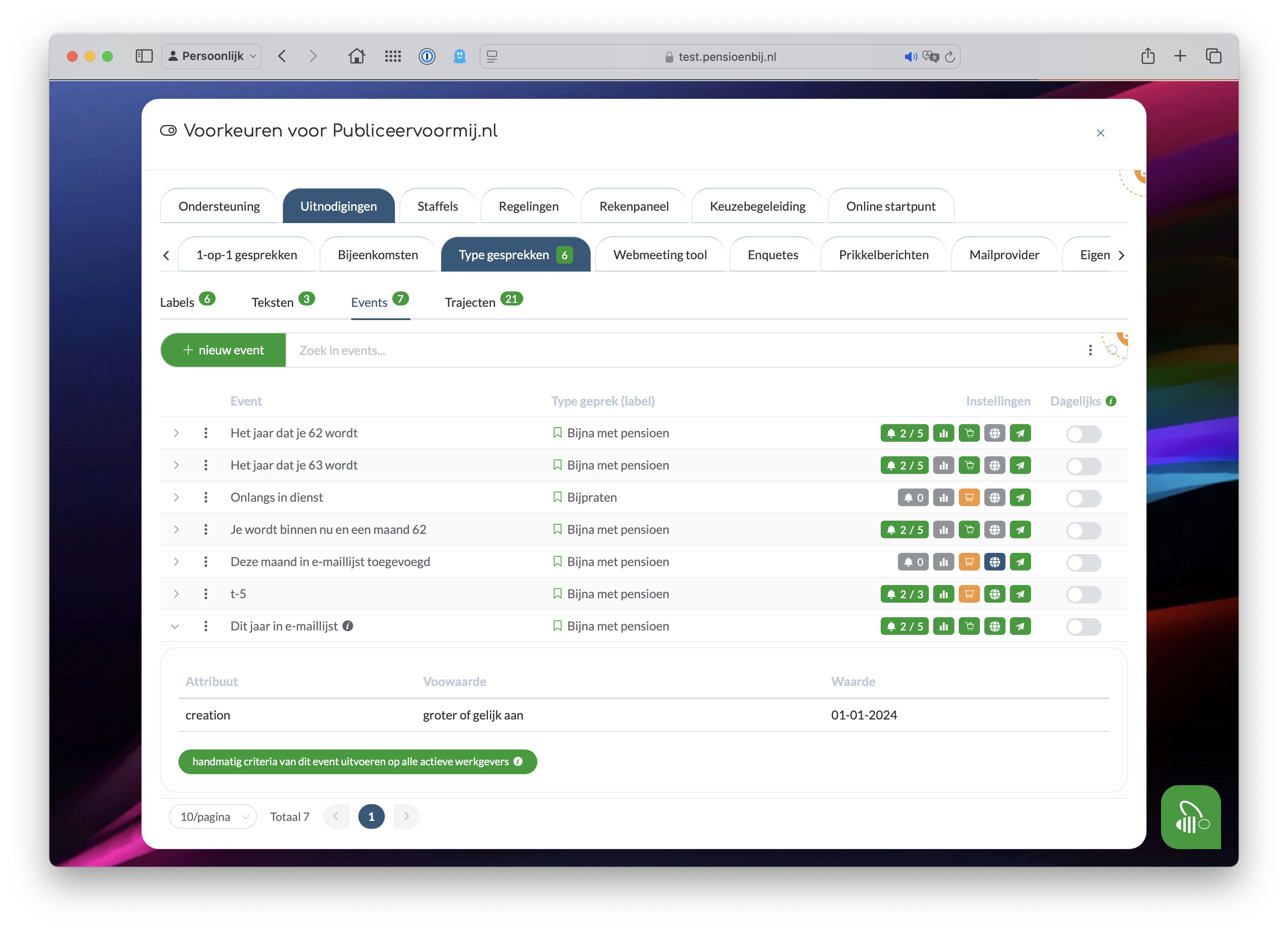 lijst met events met 1 event geopend
