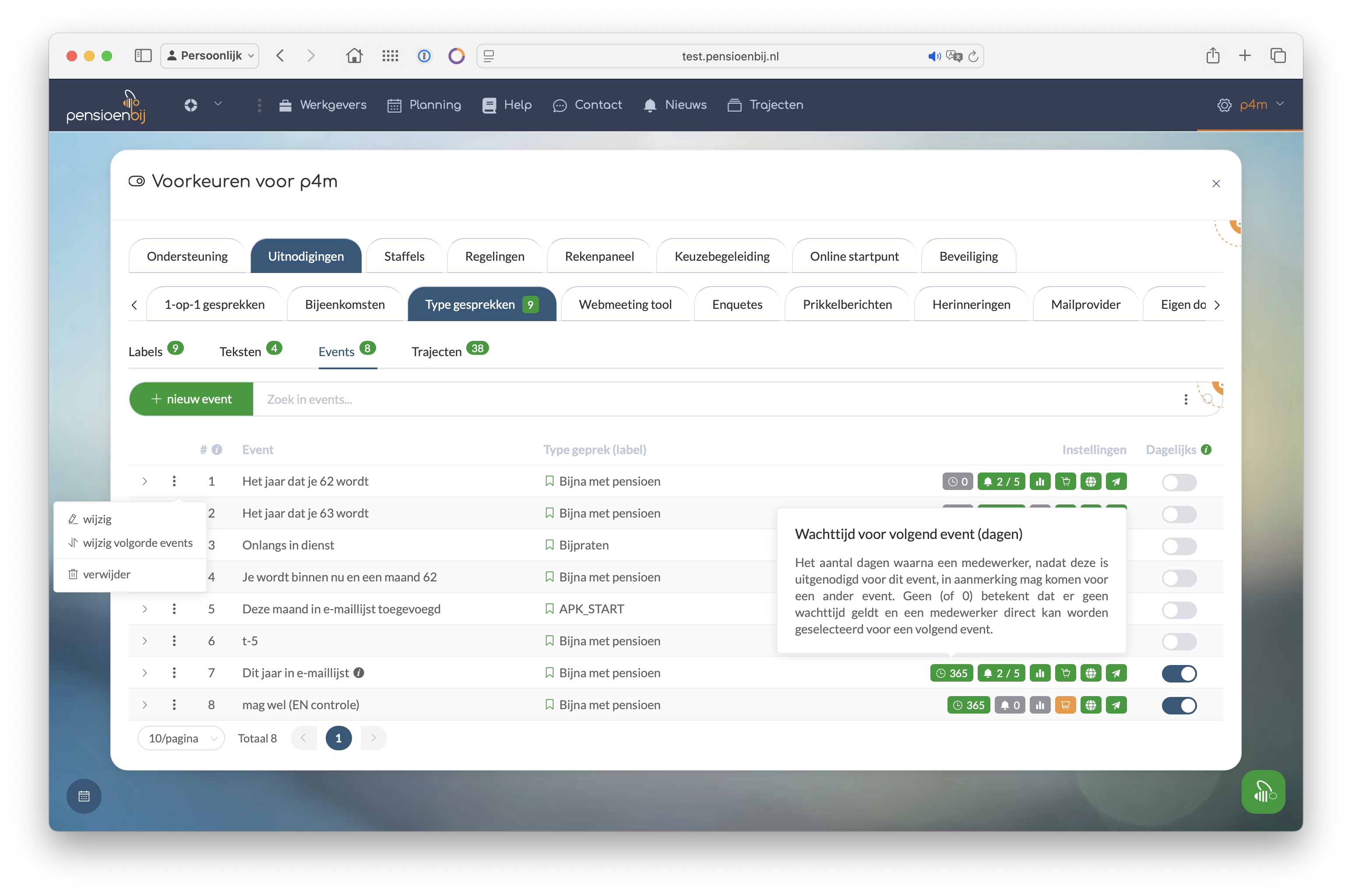 lijst met events met toelichting wachttijd en gekozen optie-menu (links)