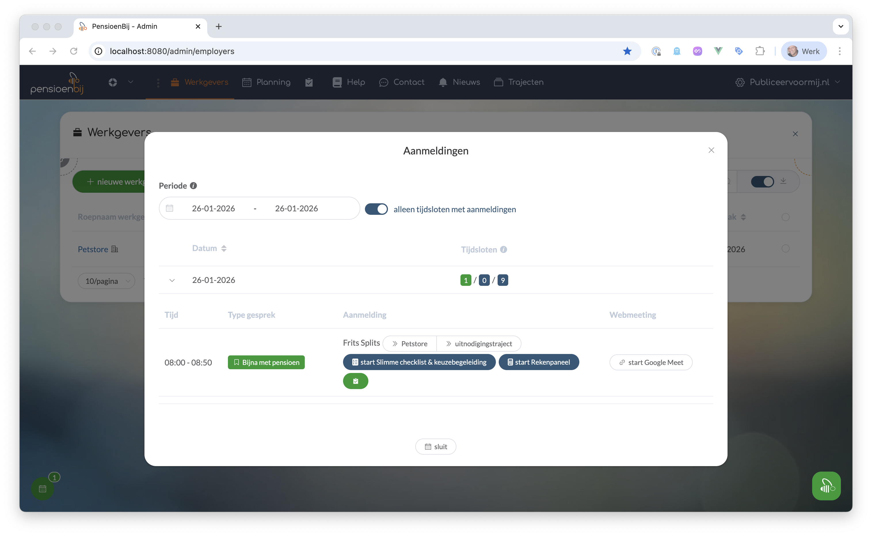 Voorbeeld van een dagplanning met meerdere tijdsloten met de filter-schakelaar ingeschakeld.
