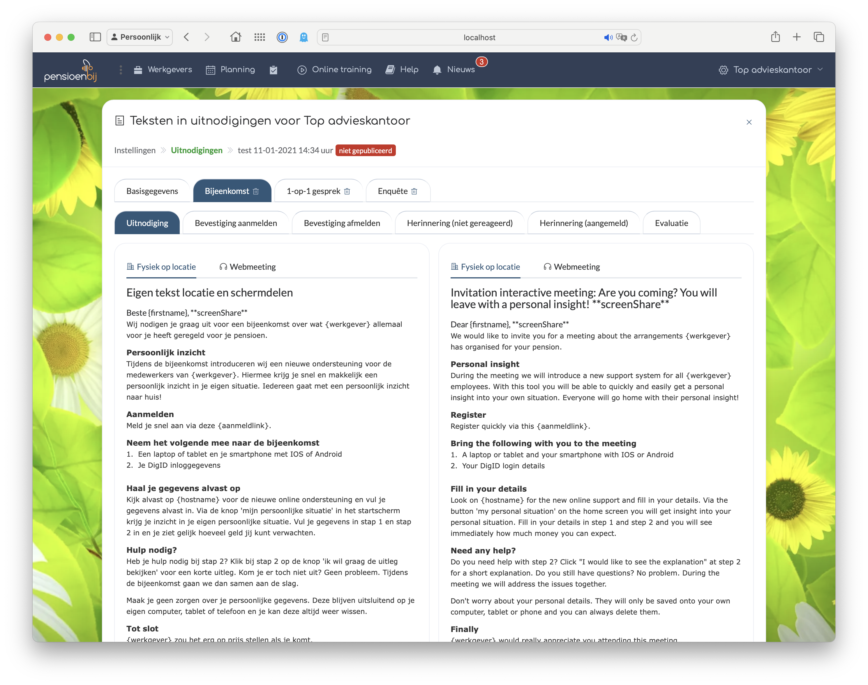 schermafdruk instellingen teksten in uitnodigingen