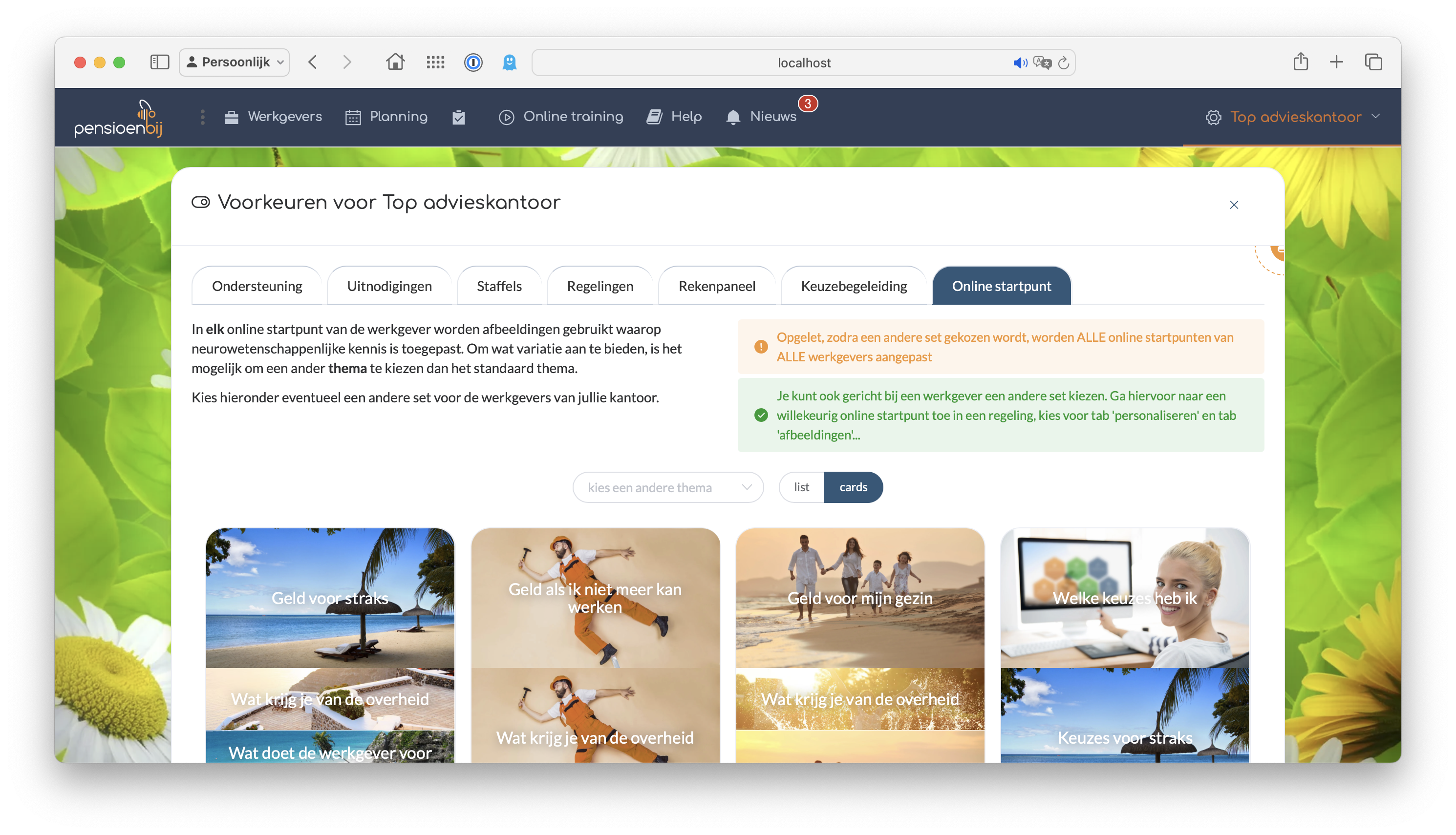 schermafdruk van de voorkeuren > Online startpunt