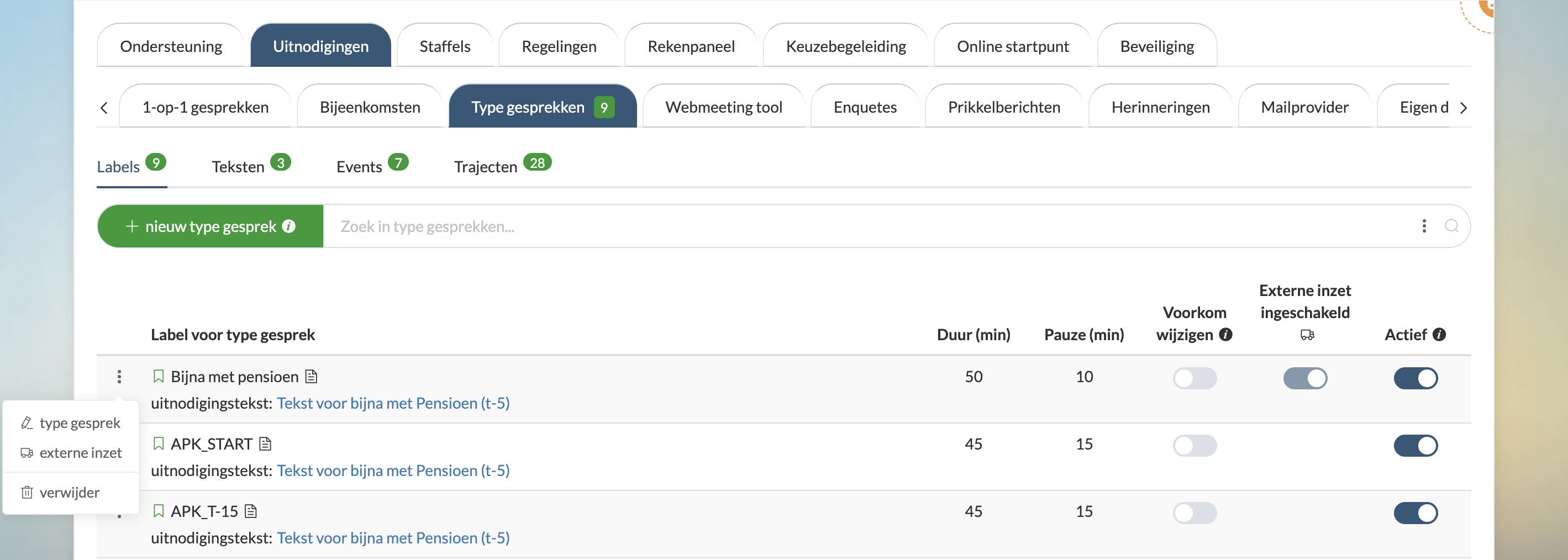 lijst met type gesprekken